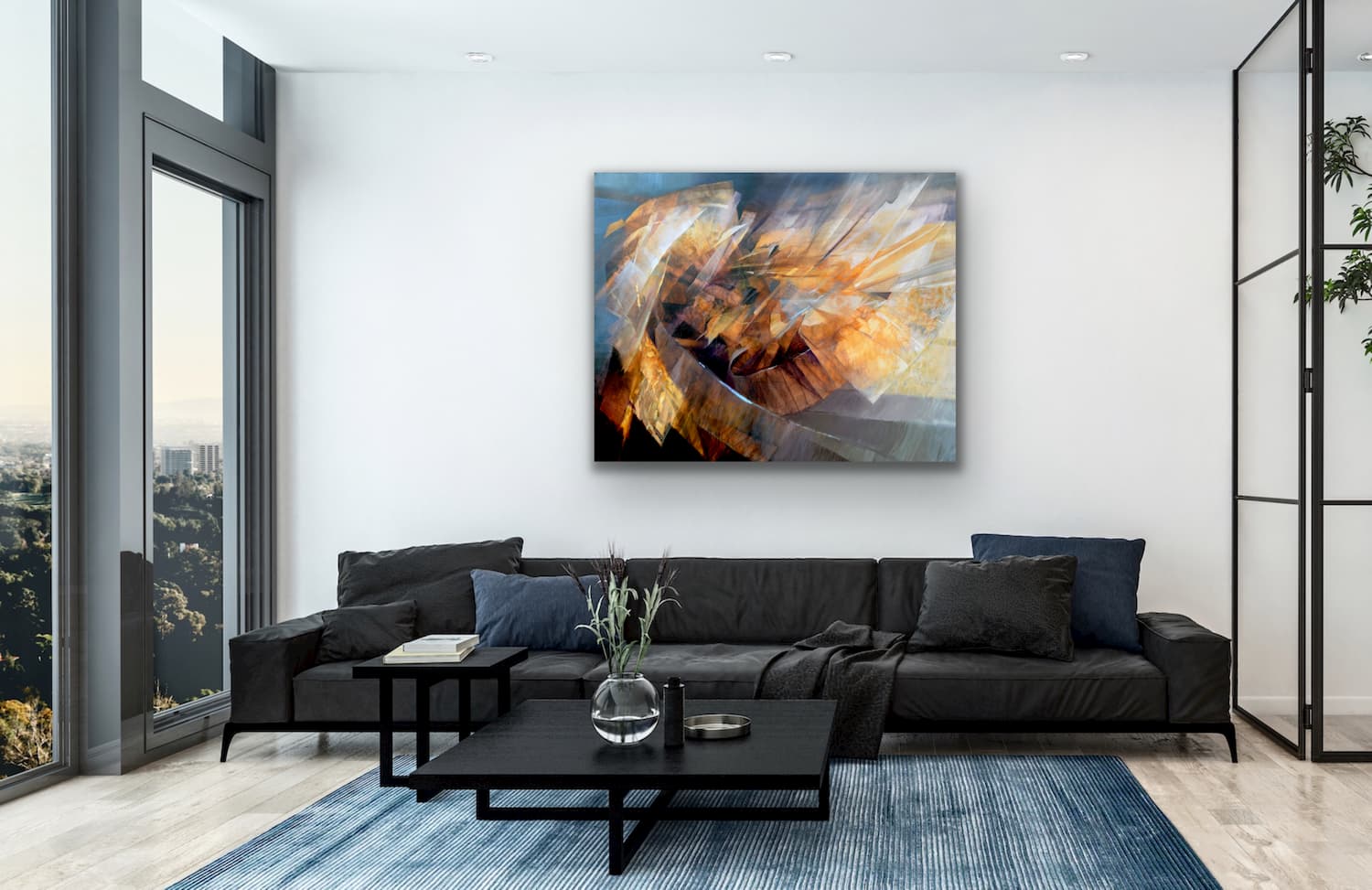 Cycle - abstract geometric painting on top of black sofa